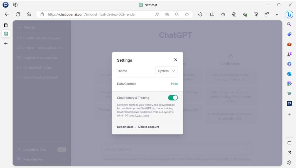 ChatGPT OpenAI incógnito conversas privacidade