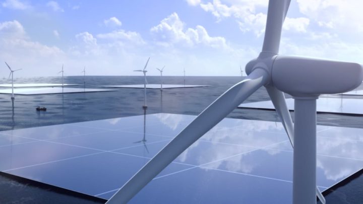 Ilustração de painéis solares no meio das turbinas eólicas no mar da Holanda