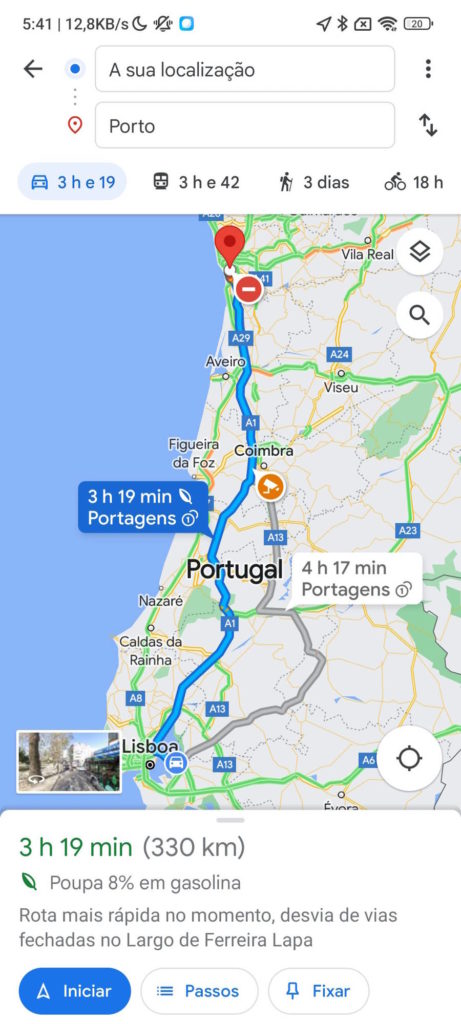 Google Maps trânsito combustíveis viagem rota