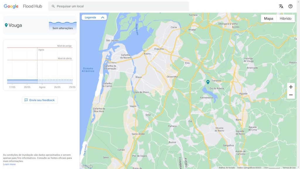 Google Portugal previsão populações inundações