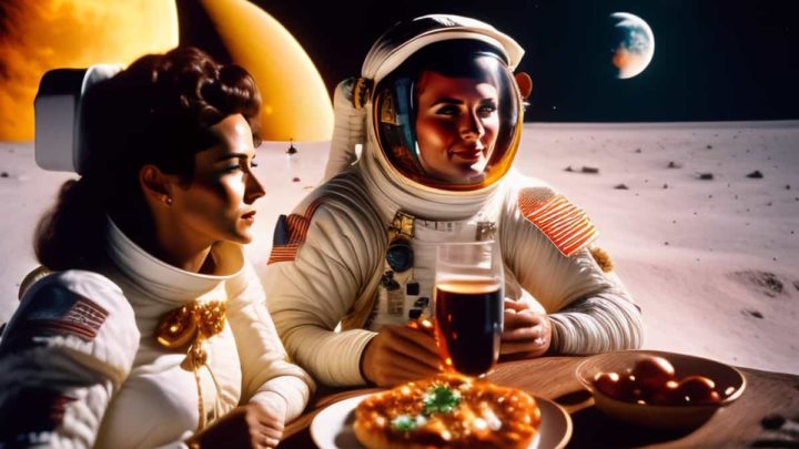 Astronautas festejando en el espacio (ilustración)