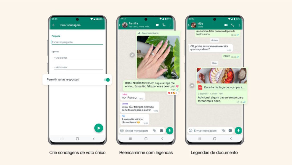 WhatsApp funcionalidades Sondagens legendas partilha