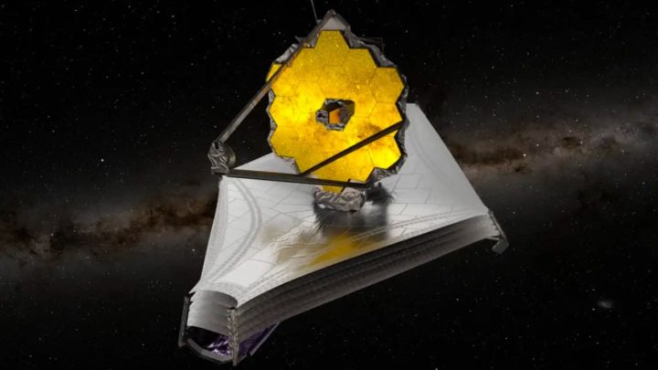 Ilustração do Telescópio Espacial James Webb que tem equipamentos potentes para poder descobrir vida extraterrestre