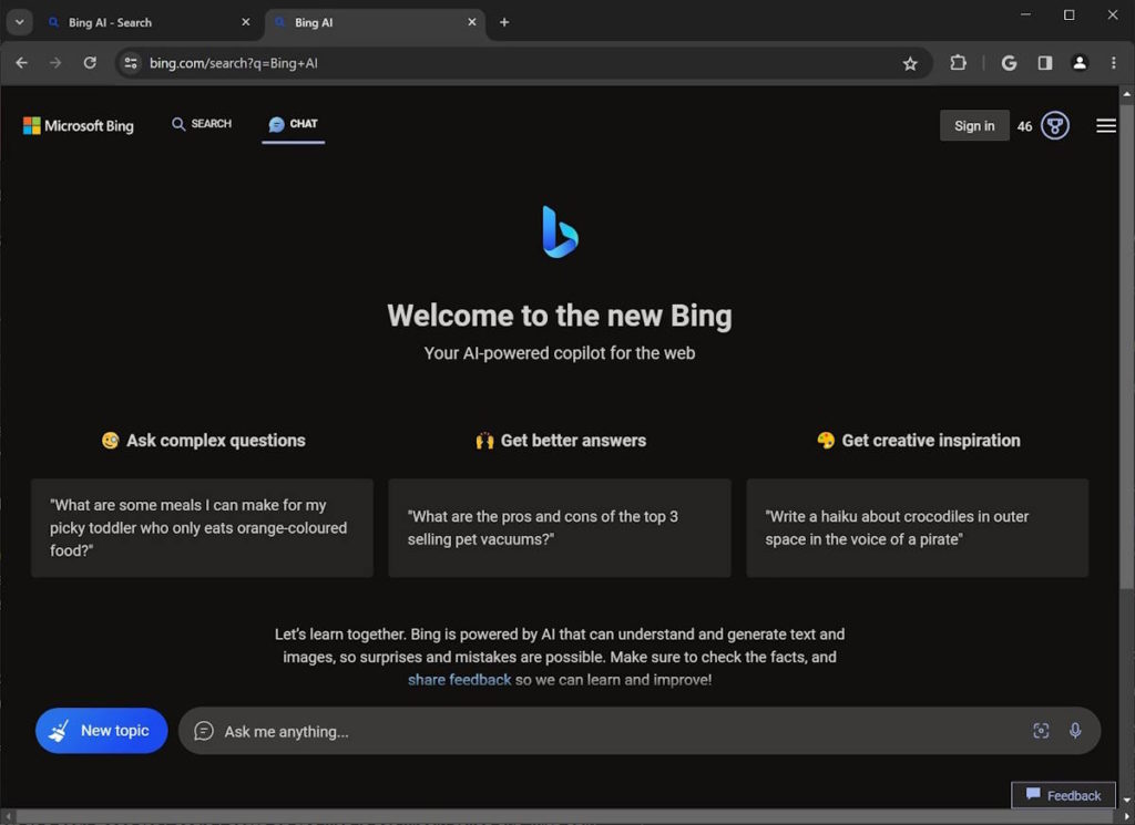 Bing Chat Microsoft Chrome Safari IA