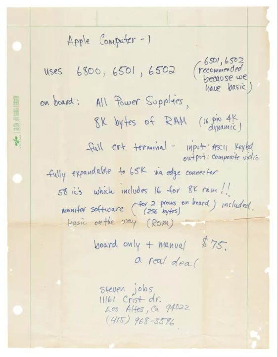 Manuscrito de Steve Jobs sobre o Apple I