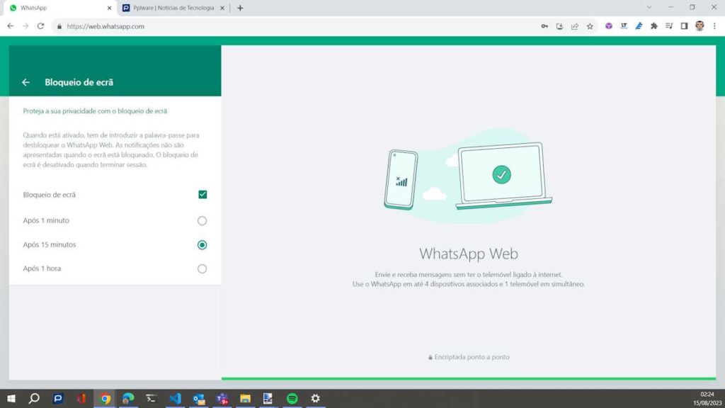 WhatsApp Web bloqueio ecrã segurança