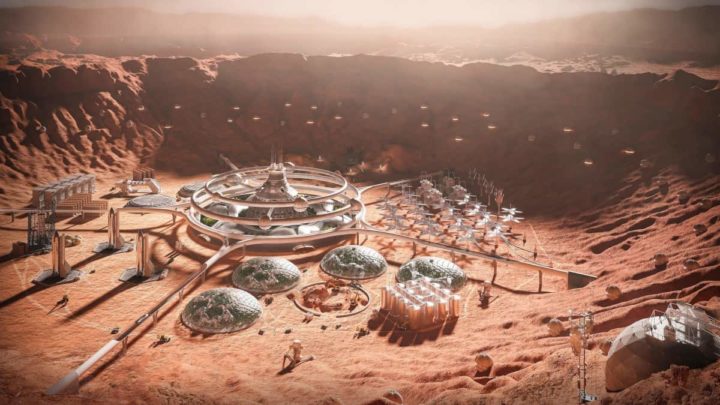Ilustração de uma colónia de seres humanos em Marte
