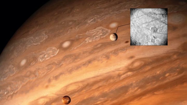 Imagem de Júpiter e a sua lua Europa, fotografada pela NASA e analisada pelo James Webb