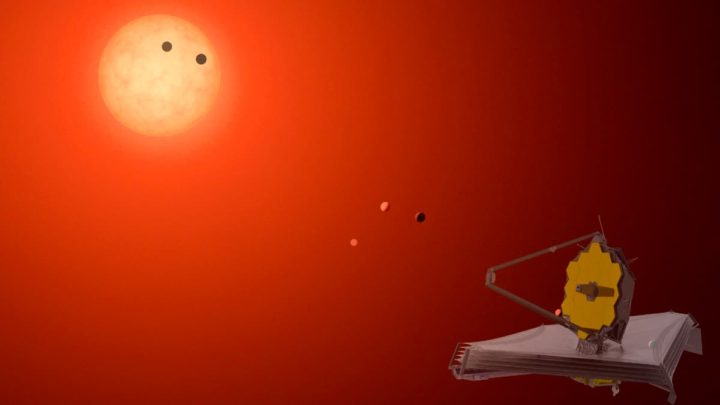 Ilustração da estrela TRAPPIST-1 com os planetas TRAPPIST-1b, TRAPPIST-1c e TRAPPIST-1e