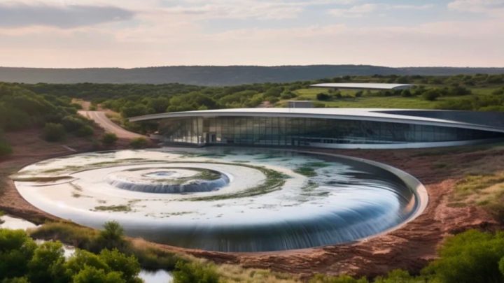 Ilustração do Giga Water Loop que Elon Musk irá construir no Campus da Gigafábrica de Austin, Texas