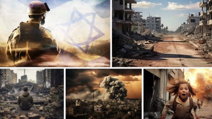 Imagens geradas por Inteligência Artificial, IA, sobre a guerra Israel-Hamas e disponíveis no Adobe Stock. Fonte: Crikey