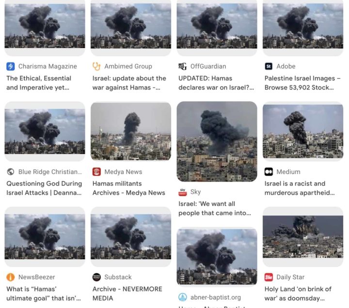 Resultados de pesquisa no Google a mostrar imagens geradas por IA sobre a guerra Israel-Hamas