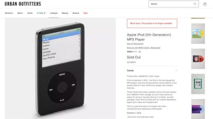 iPod da Apple com estatuto vintage na Urban Outfitters