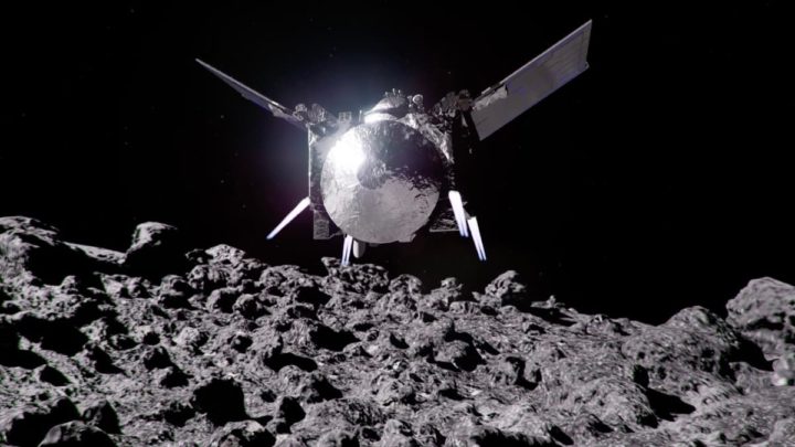 Ilustração da nave OSIRIS-APEX da NASA a visitar o asteroide Apófis