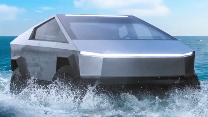Ilustração da Tesla Cybertruck a rodar dentro de água