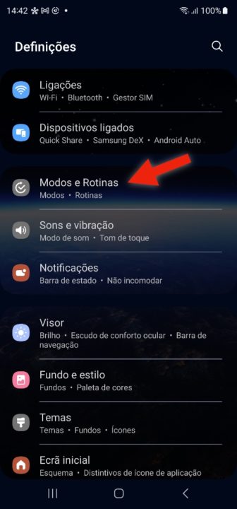 Imagem da opção Modos e Rotinas nos smartphone Samsung