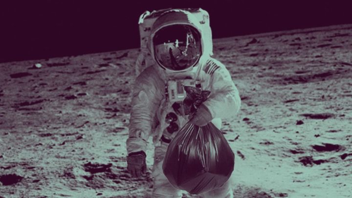 Ilustração de astronauta a trazer o lixo que a NASA deixou na Lua