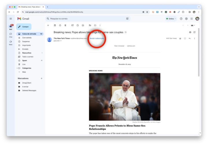 Imagem Gmail com botão para anular subscrições