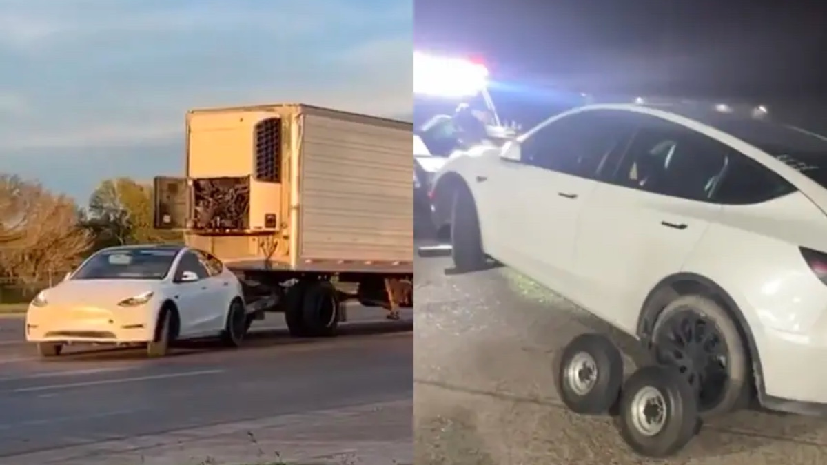A Tesla Model Y was abandoned after a semi-trailer was towed