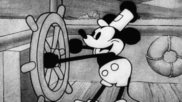 Primeira versão a preto e branco do Mickey, "Steamboat Willie" (1928)