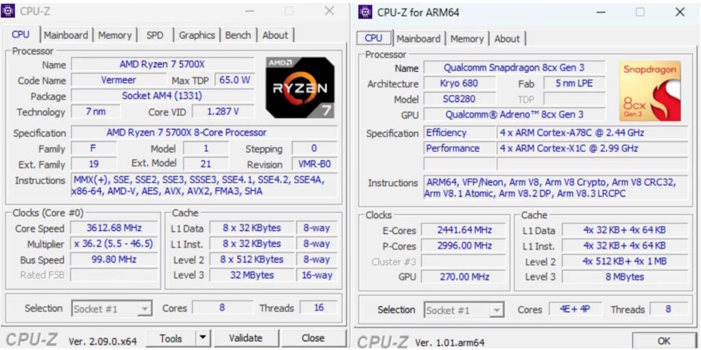 CPU-Z ARM Windows arquitetura SoC