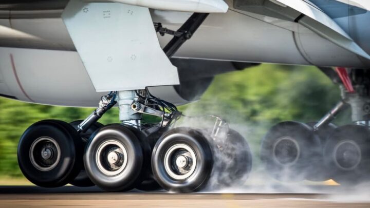 Imagem dos pneus de um avião ao aterrar