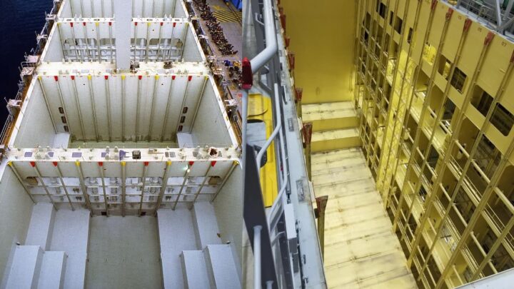 Imagem do interior de um navio cargueiro de contentores vazio