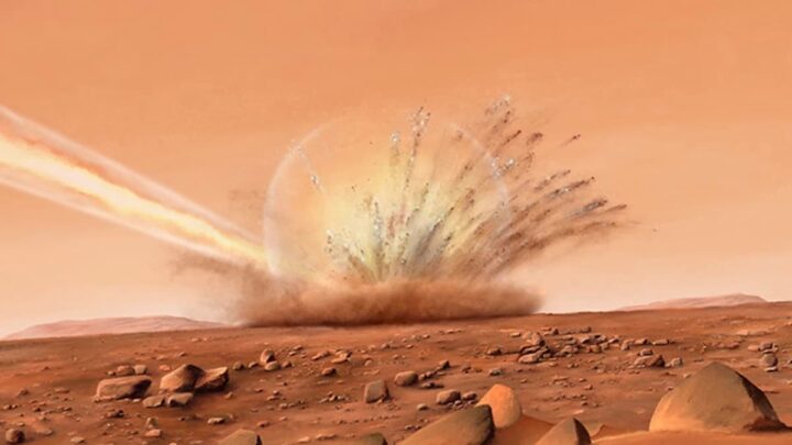 Ilustração de fragmentos de asteroide a cair em Marte