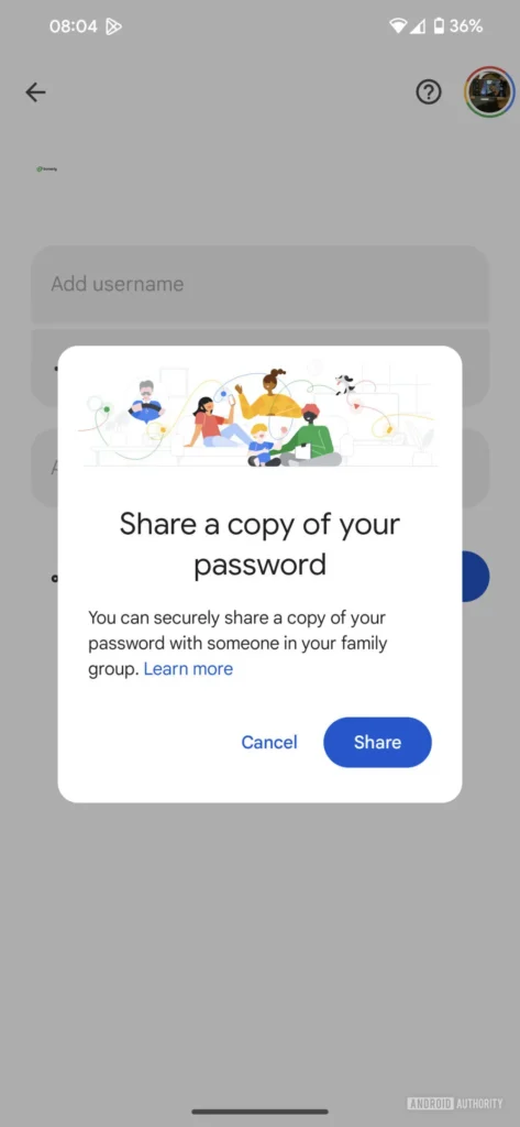 Android partilha passwords Google família
