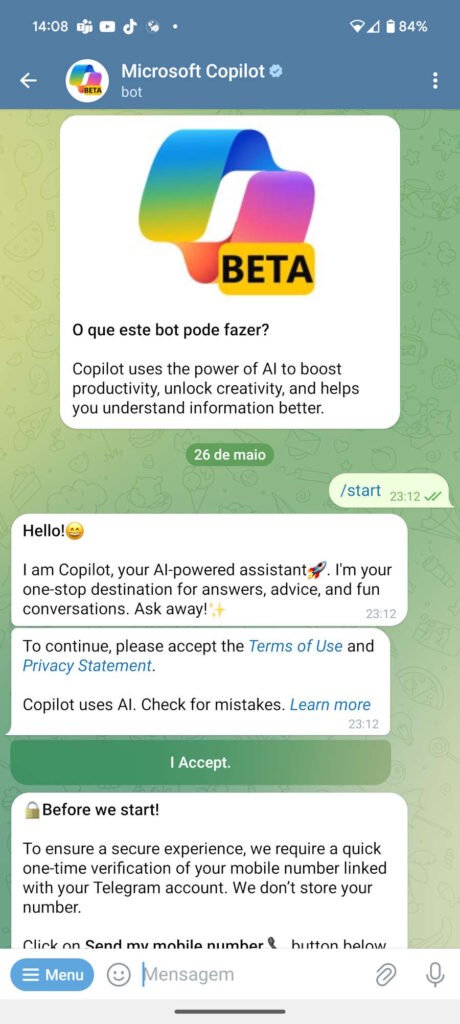 Copilot Telegram IA Microsoft bot