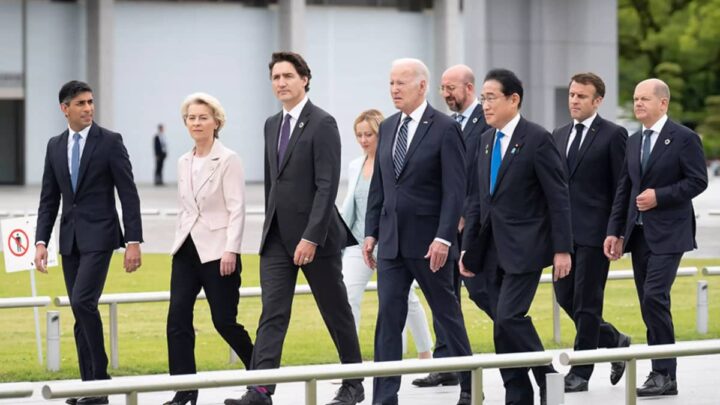 Líderes dos países do G7, durante a cimeira em Hiroshima, Japão, em 2023. Imagem: Stefan Rousseau - WPA Pool/Getty Images