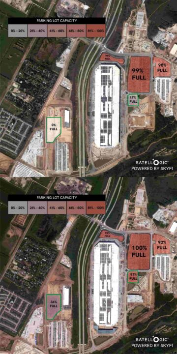 Gigafactory da Tesla, em Austin, Texas: imagem de cima, em outubro 2023, e imagem de baixo, em março 2024. Crédito: 