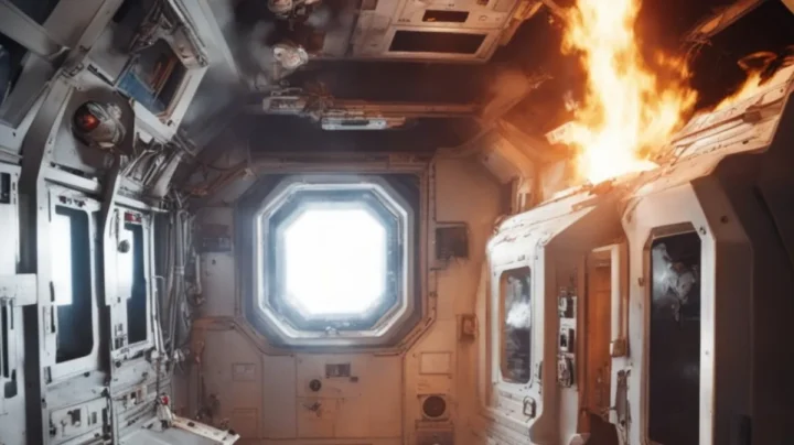 Ilustração de fogo no espaço que ameaça os astronautas