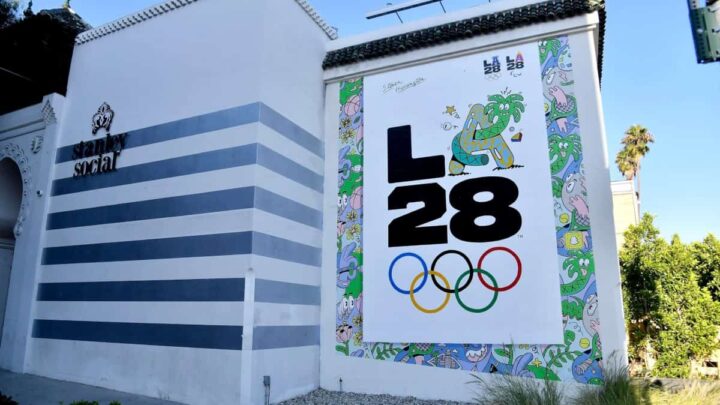 Parede com um cartaz dos Jogos Olímpicos Los Angeles 2028