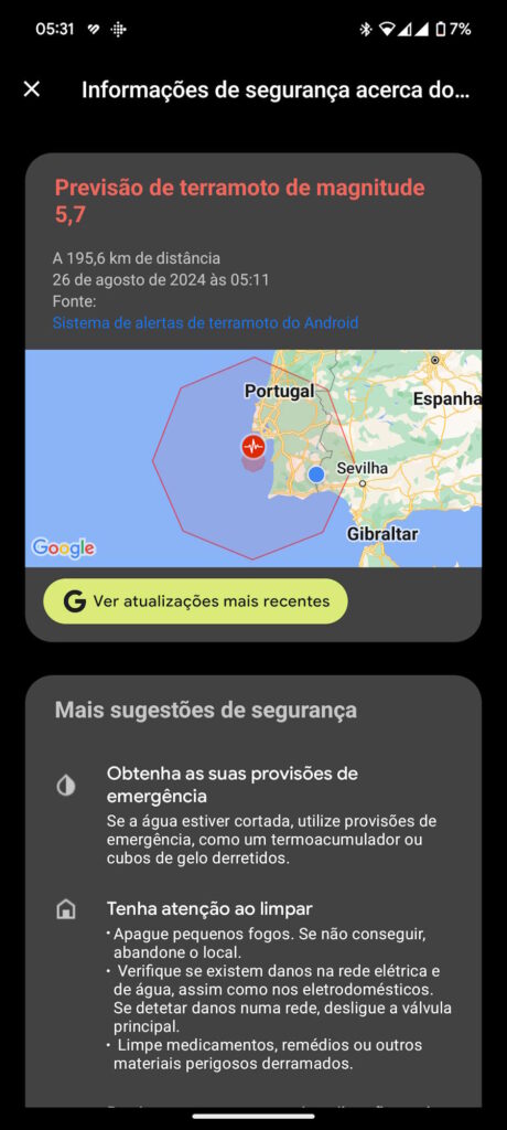 Android Google sismo terramoto Portugal