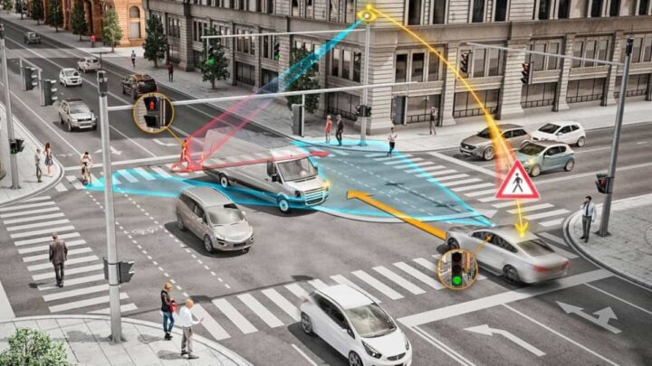 Tecnologia V2X, com veículos conectados a outros veículos, a peões e a infraestrutura