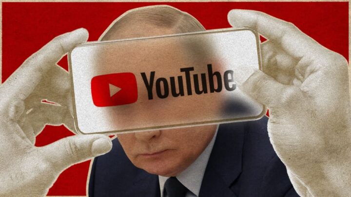 Presidente da Rússia Vladimir Putin e smartphone com logótipo do YouTube