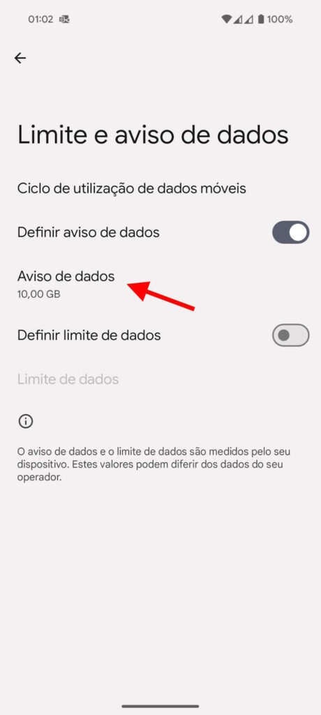 Android limite dados alerta smartphone