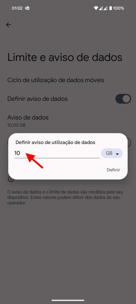 Android limite dados alerta smartphone