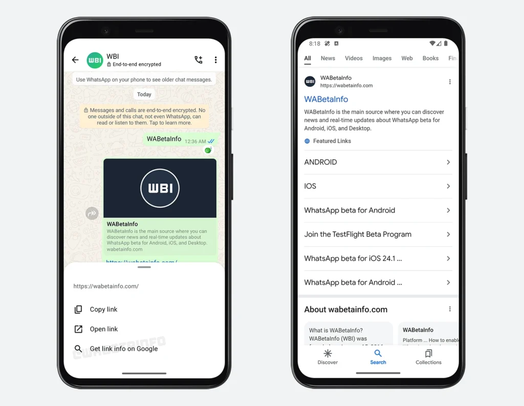 WhatsApp segurança links Google conversas