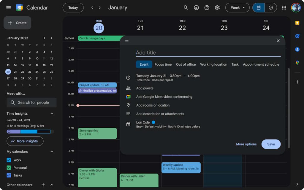 Google Calendar dark mode interface