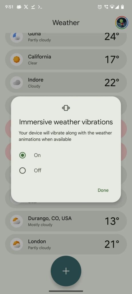 Google Pixel Weather tempo vibrações