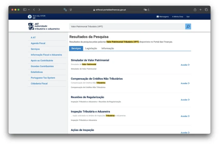 Imagem página Portal das Finanças para informação sobre Valor Patrimonial Tributário (VPT)