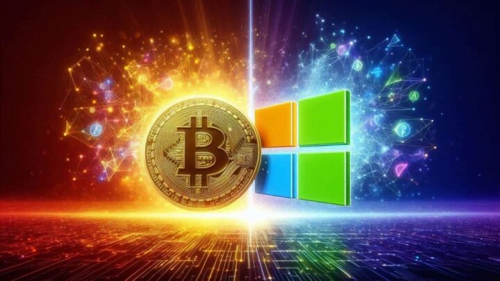 Logótipo da Microsoft e moeda Bitcoin a chocarem