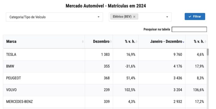 Tesla vendeu 9760 carros em Portugal em 2024