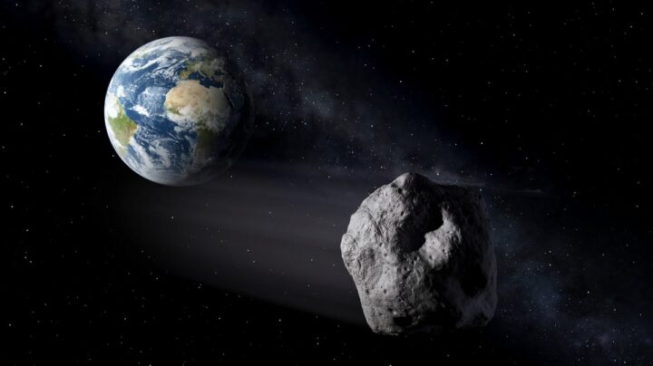 Ilustração asteroide 2024 YR4 em direção à Terra. Imagem ESA