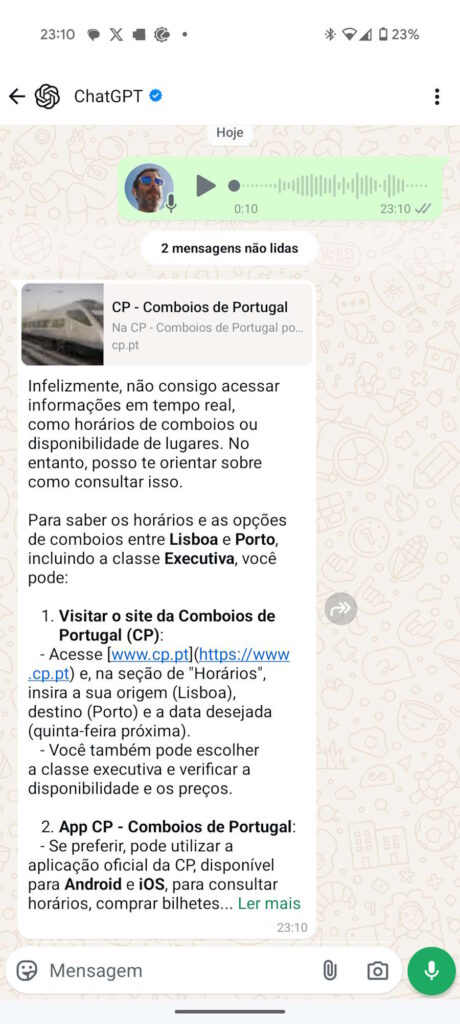 WhatsApp ChatGPT imagem áudio conversa