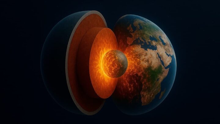 Representação gráfica da estrutura da crosta terrestre, onde se vê o núcleo interno metálico sobreaquecido no centro, seguido pelo núcleo externo sólido, o manto rochoso e a crosta fina em direção à superfície. Crédito: OpenAI, via University of Göttingen