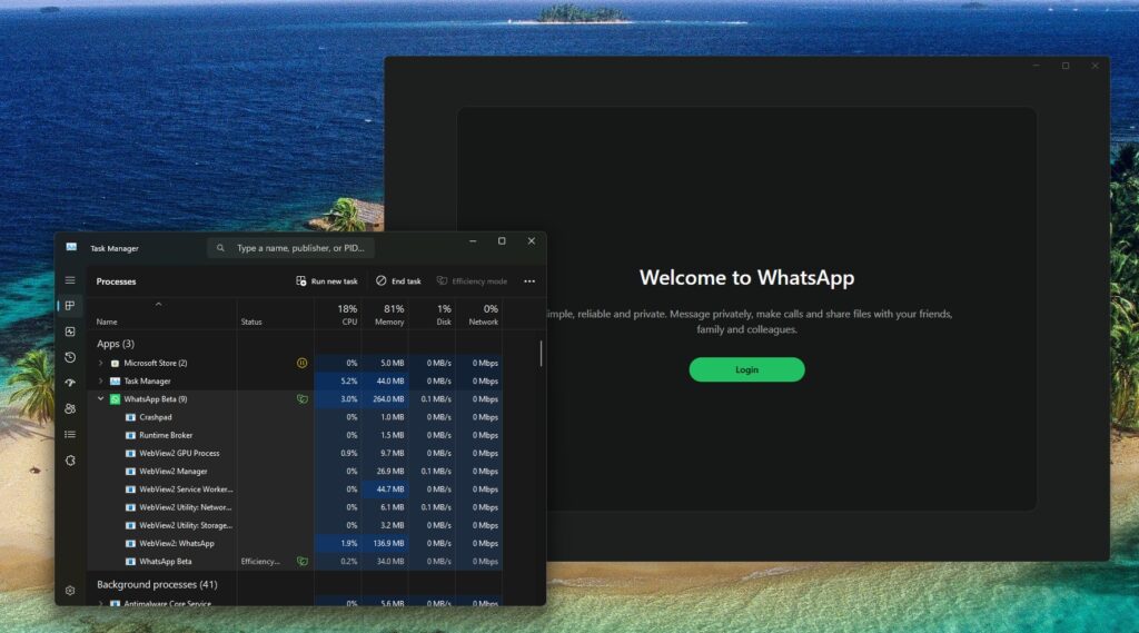 WhatsApp Windows 11 memória aplicação