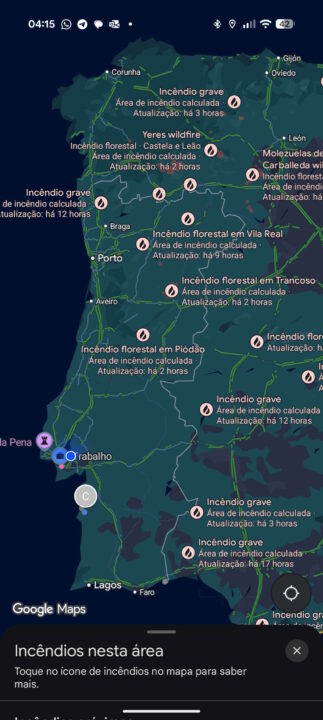 Google Maps fogos Portugal estradas cortadas